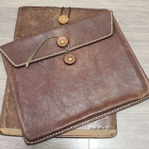 Set Of 2 Vintage Fossil Bag Protector Case Leather With Wooden Button Tie Close